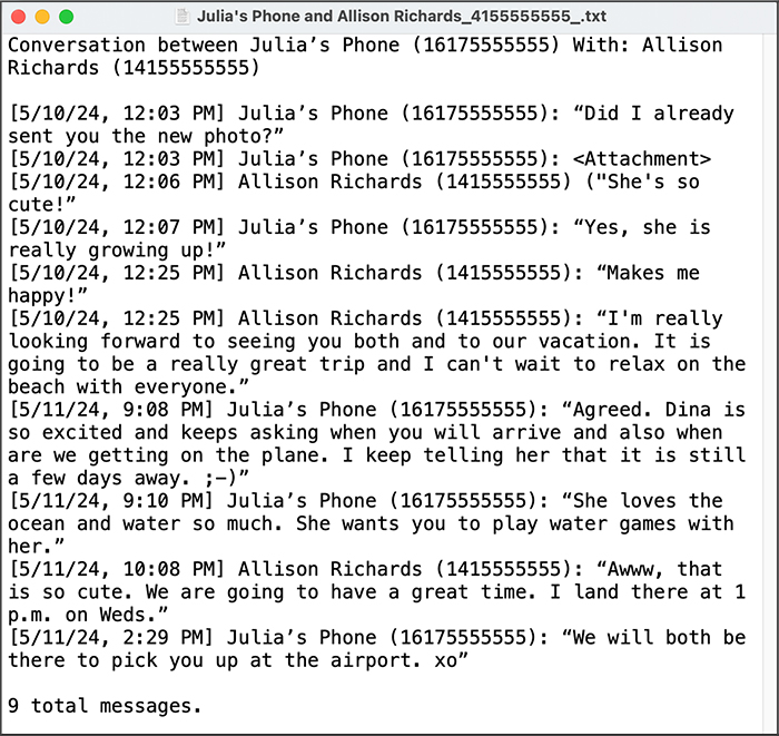 Export a text document transcript of text messages.