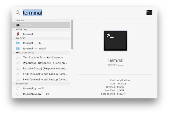 Using spotlight to open Terminal