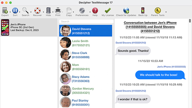 iPhone backups displayed in Decipher TextMessage so you can search for Text Messages that disappeared.