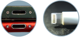 Apple Lightning ports on an iPhone 8 Plus and iPhone 13 Mini (left), and a Lightning plug from an iPhone cable (right). Lightning ports are hollow in the middle and oval shaped. Lightning connectors are reversible, and are distinctive with the visible pins on the exterior of the connector.