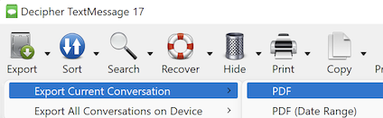 Select export in Decipher TextMessage to save text messages for court 