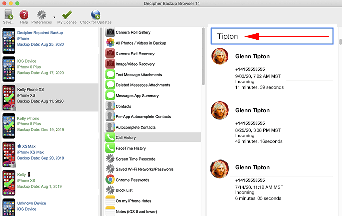 Search iPhone call history with Decipher Backup Browser.