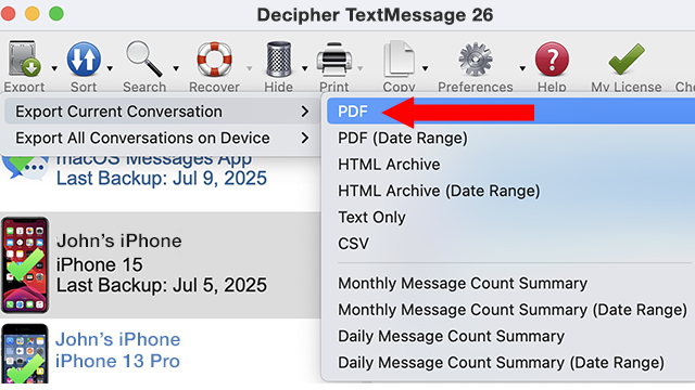 Select Export to save iPhone text messages to PC or Mac.