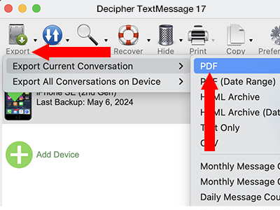 Screenshot showing how to make a PDF of iPhone text messages for printing in Decipher TextMessage by clicking Export > Export Current Conversation > PDF.