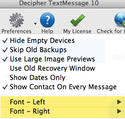 Decipher TextMessage preferences menu