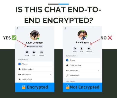 Showing the presence or absence of the "end-to-end encrypted" label in Facebook Messenger chat info.