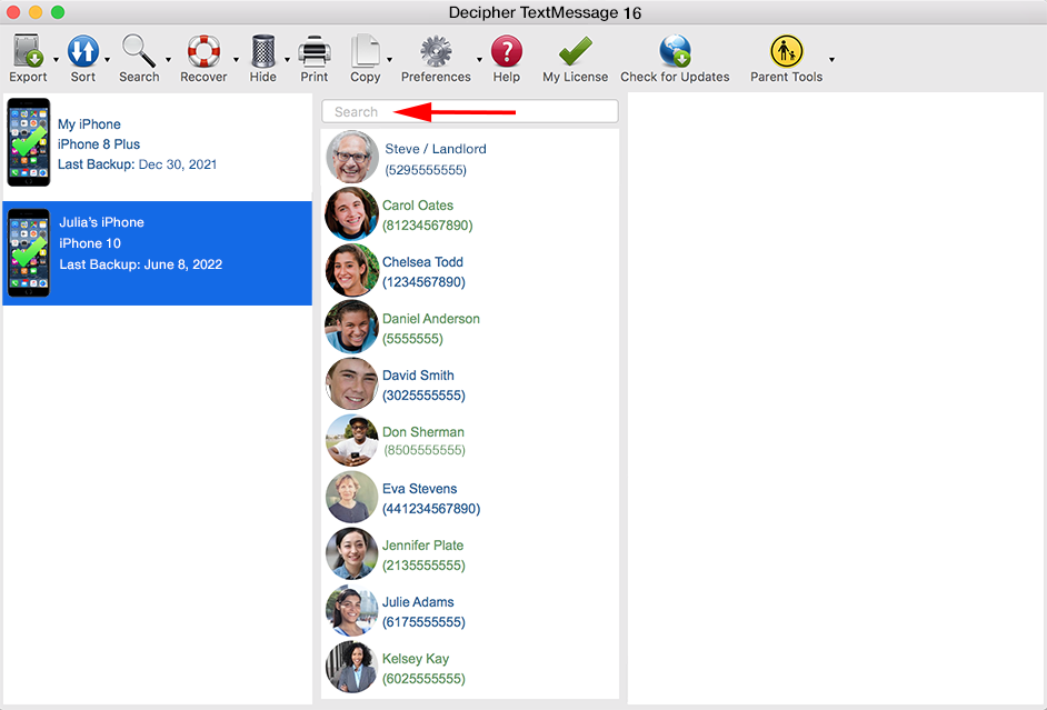 Search contacts in Decipher TextMessage.